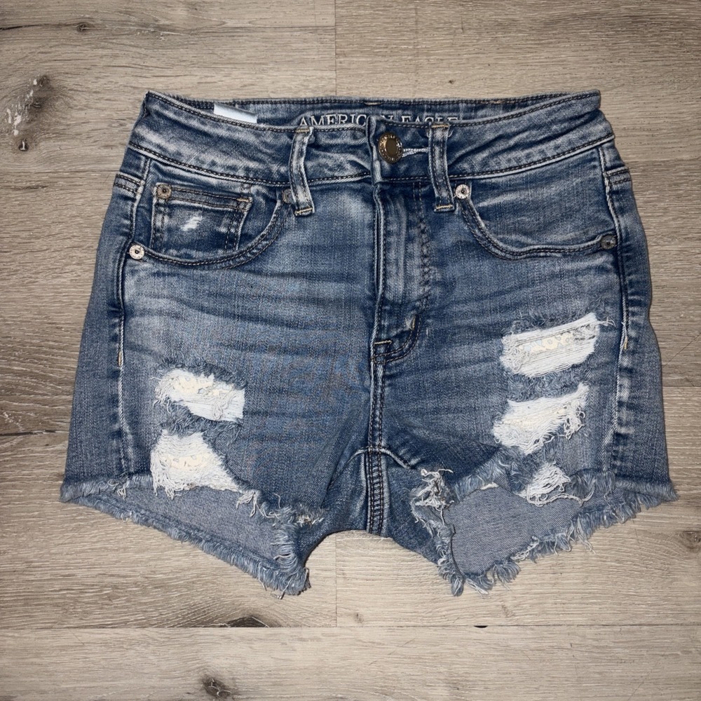 American Eagle Jean Cut Off Booty Shorts Crocheted Style Pockets Woman's 2 Blue
